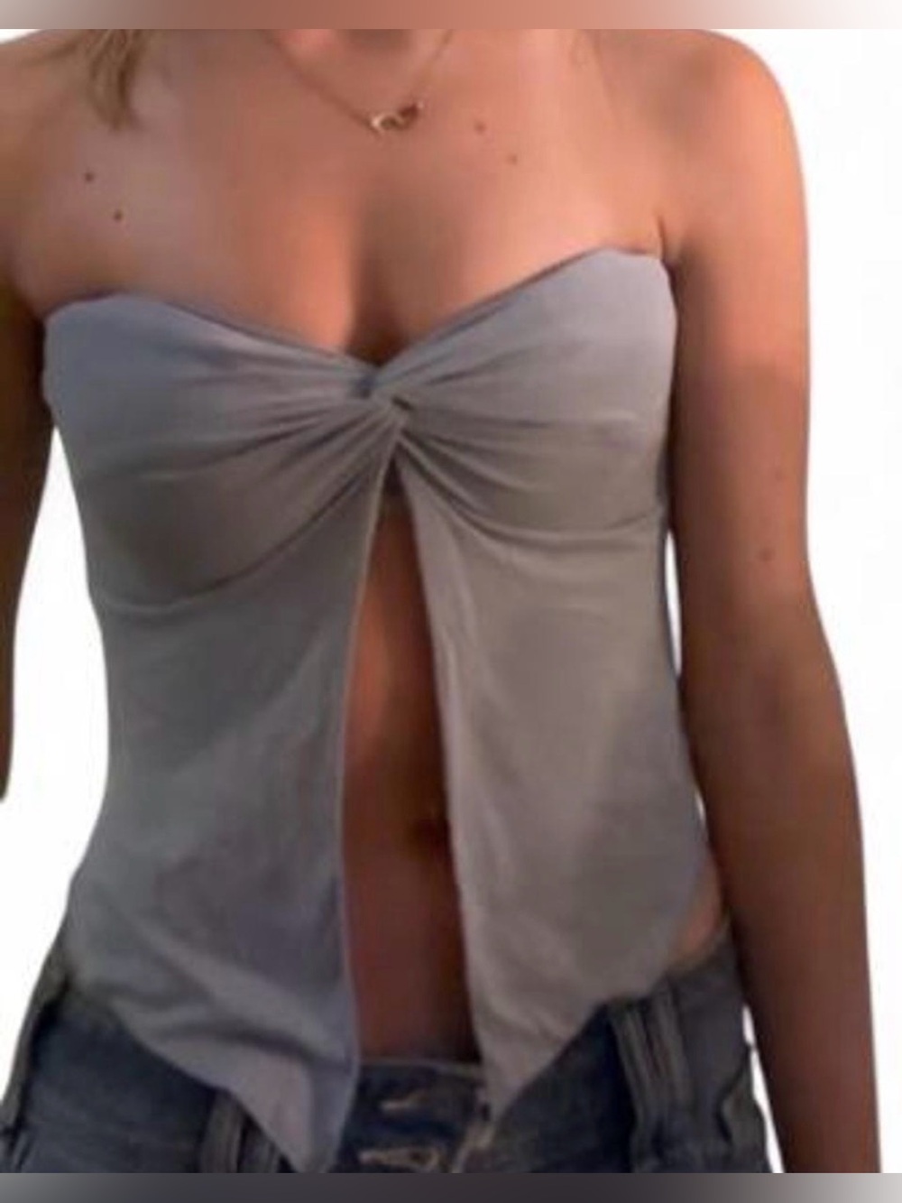 🤍Edikted light blue Strapless Twist Front Split Top